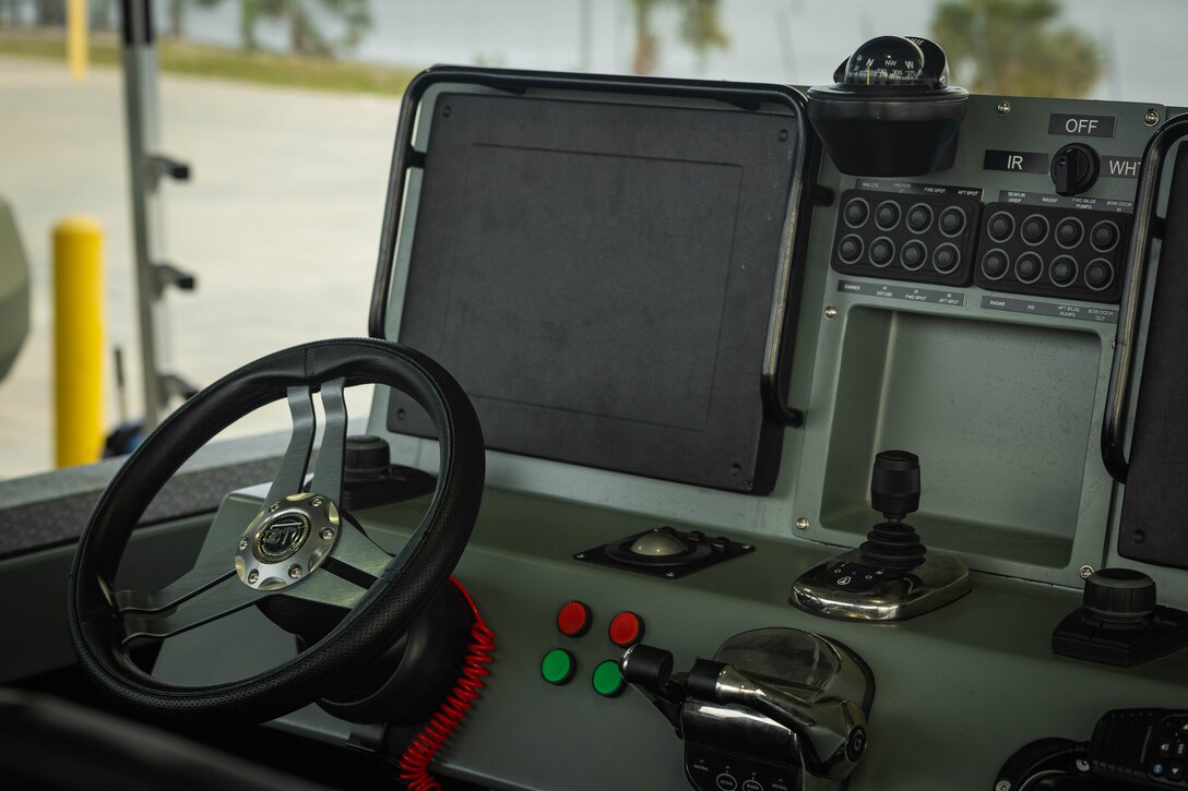 The driver seat of a U.S. Marine Corps multi-mission reconnaissance craft–alpha variant–with 4th Assault Amphibian Battalion, 4th Marine Division, Marine Forces Reserve, Tampa, Florida, March 5, 2025. With a range of 250 nautical miles, the MMRC-A will enable Marines with 4th AABn to continue to train and operate in the maritime domain, supporting service level littoral maneuver concept development efforts. (U.S. Marine Corps photo by Lance Cpl. Van Hoang)