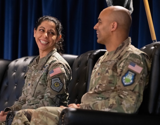  U.S. Space Force Col. Nicole Petrucci, out-going Mission Delta 3 commander, left, and Col. Angelo Fernandez, incoming MD 3 commander, sit next to each other during the MD 3’s change of command ceremony at Peterson Space Force Base, Colorado, March 7, 2025. The units now falling under Fernandez’s command include the 4th, 5th, 16th, and 23rd Electromagnetic Warfare Squadrons, the 37th Tactical Intelligence Squadron, and the 3rd Combat Training Squadron. MD3 prepares and presents combat-ready space electromagnetic warfare professionals to integrate, synchronize, and execute fires for U.S., Allied, and Coalition forces. (U.S. Space Force photo by Staff Sgt. Jaime Sanchez)