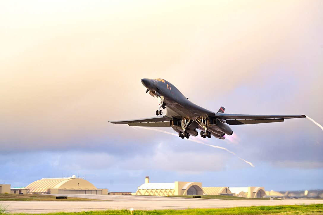 A B-1B Lancer takes off the runway in support of a bomber task force mission.