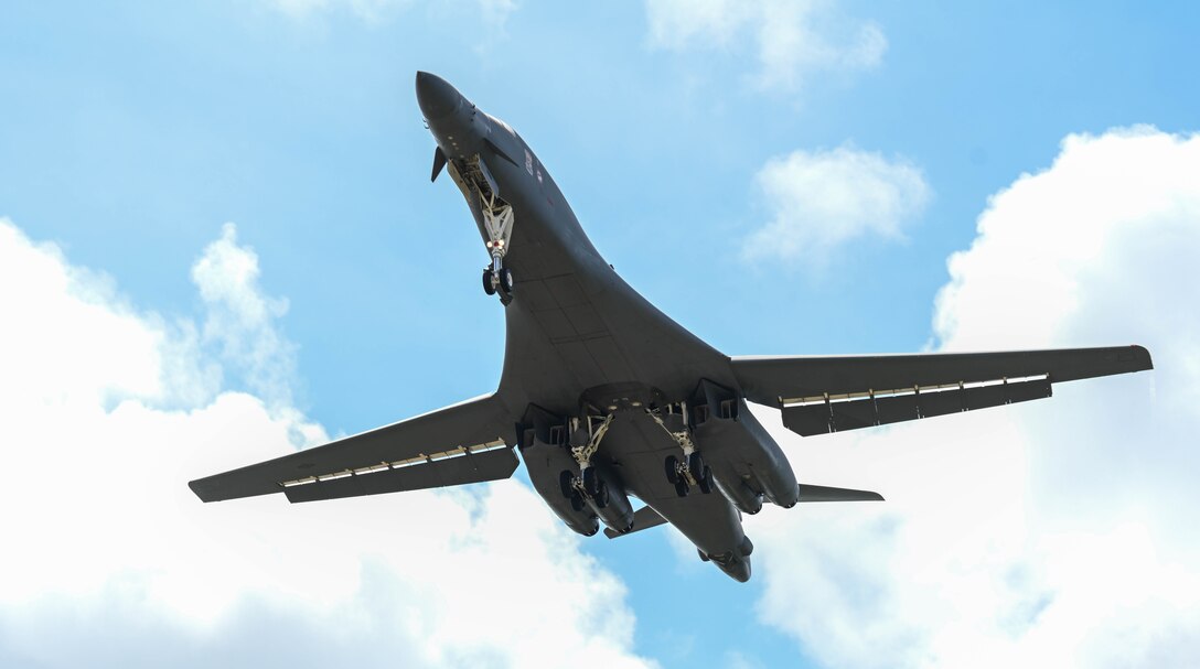 B-1B Lancer ascends into the sky after conducting a "touch and go" maneuver.