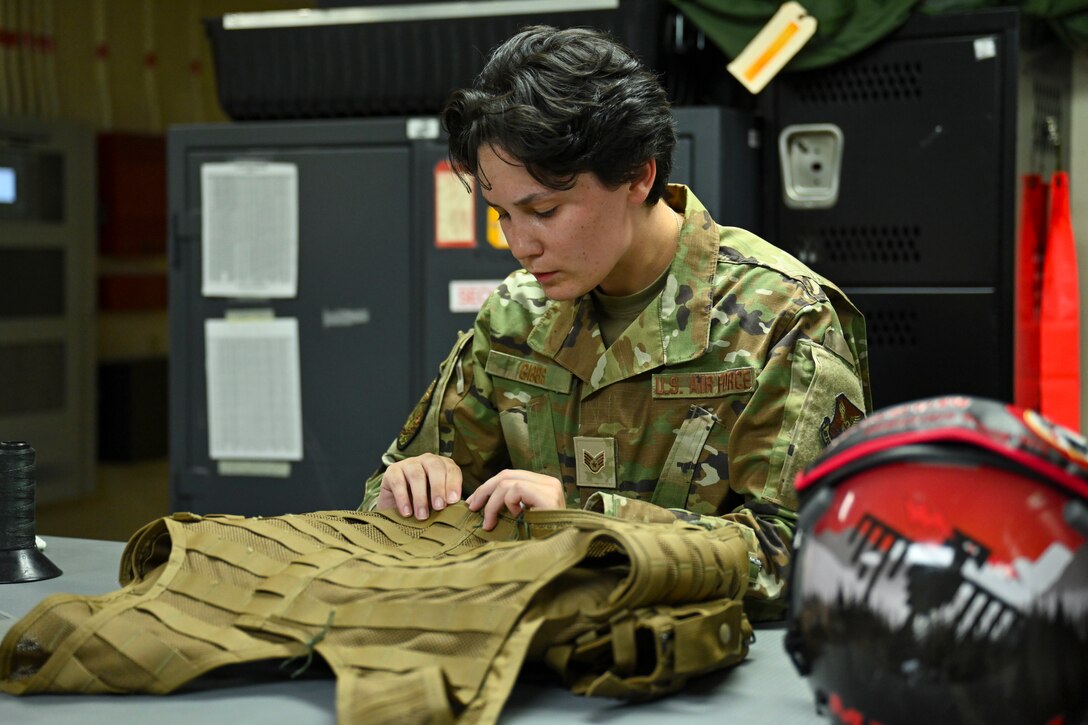 Aircrew Flight Equipment Airmen conducts post-flight inspection in support of bomber task force mission.