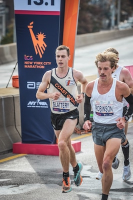 LTJG Tom Slattery ran the NYC Marathon for the Coast Guard on Nov. 5, 2023, placing 20th.  Slattery, a premiere long-distance runner and two-time U.S. Olympic Trials qualifier, was recently named the 2024 Coast Guard Elite Male Athlete of the Year.