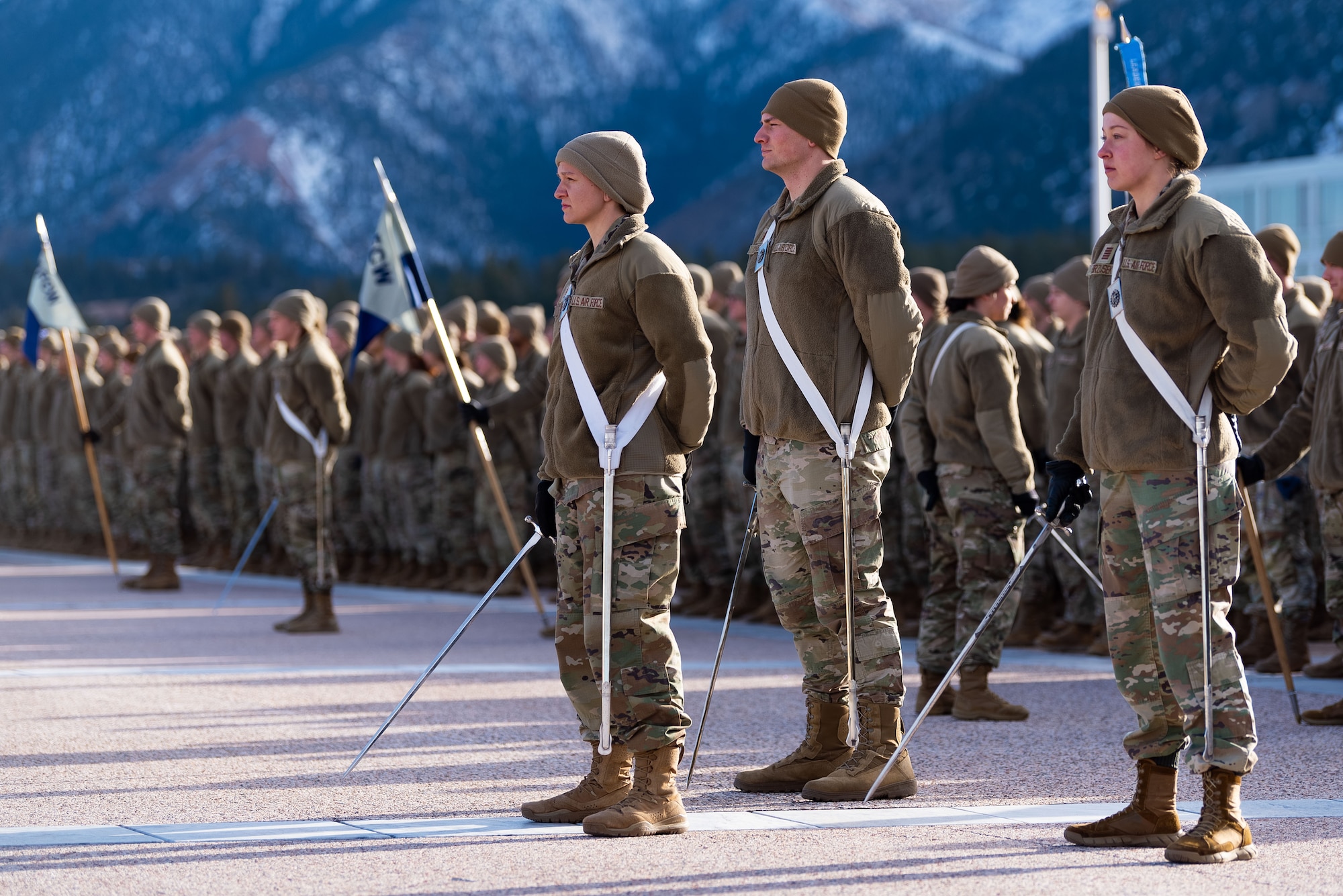 U.S. Air Force Academy cadets conduct the 2025 Spring Culminating Exercise opening ceremony at the Academy, Colo., March 5, 2025. This exercise marks a significant shift from previous iterations, serving as a test of concept for future training exercises. (U.S. Air Force photo by Ray Bahner)
