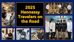 graphic with six photos of people posing in various scenarios - holding certificates, grouped together, etc. with the words 2025 Hennessy Travelers on the Road in the middle