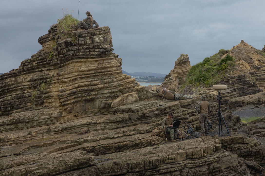 U.S. Marines with 3rd Radio Battalion, 31st Marine Expeditionary Unit, conduct maritime sensing during a sensor expeditionary advanced base exercise at Kin Blue, Hansen, Okinawa, Japan, Feb. 1-6, 2025. The exercise reinforced Marines’ abilities to gather maritime and airspace intelligence by employing radar and relaying the information back to commanders. The America Amphibious Ready Group (ARG), compromising amphibious assault carrier USS America (LHA 6), amphibious transport dock ship USS San Diego (LPD 22), and amphibious dock landing ship USS Rushmore (LSD 47) along with the 31st Marine Expeditionary Unit (MEU), are underway conducting routine integrated operations in U.S. 7th Fleet area of operations. U.S. 7th Fleet is the U.S. Navy’s largest forward- deployed numbered fleet, and routinely interacts and operated with allies and partners to preserve a free and open Indo-Pacific region. (U.S. Marine Corps photo by LCpl. Victor Gurrola)
