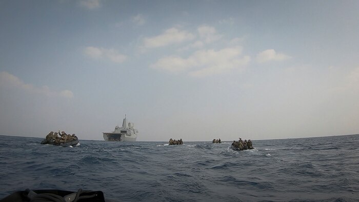 U.S. Marines with Battalion Landing Team 2/4, 31st Marine Expeditionary Unit, launch from amphibious transport dock USS San Diego (LPD 22), in the Philippine Sea, Feb. 17, 2025.