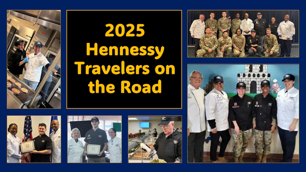 graphic with six photos of people posing in various scenarios - holding certificates, grouped together, etc. with the words 2025 Hennessy Travelers on the Road in the middle