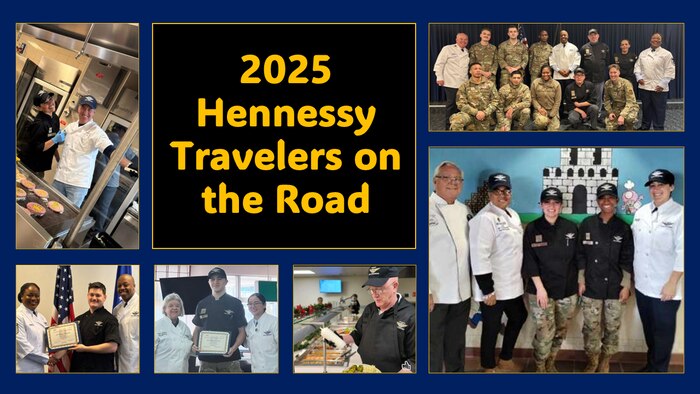 graphic with six photos of people posing in various scenarios - holding certificates, grouped together, etc. with the words 2025 Hennessy Travelers on the Road in the middle