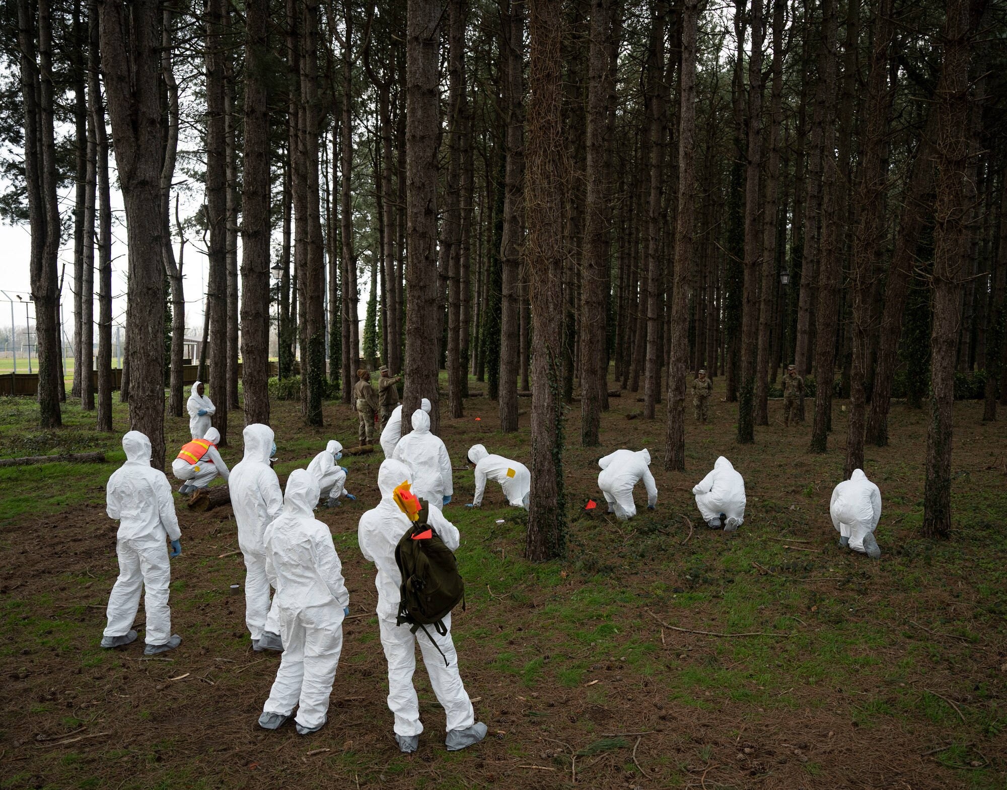 U.S. Airmen assigned to the 100th Force Support Squadron conduct search and recovery training at RAF Mildenhall, England, Feb. 21, 2025.