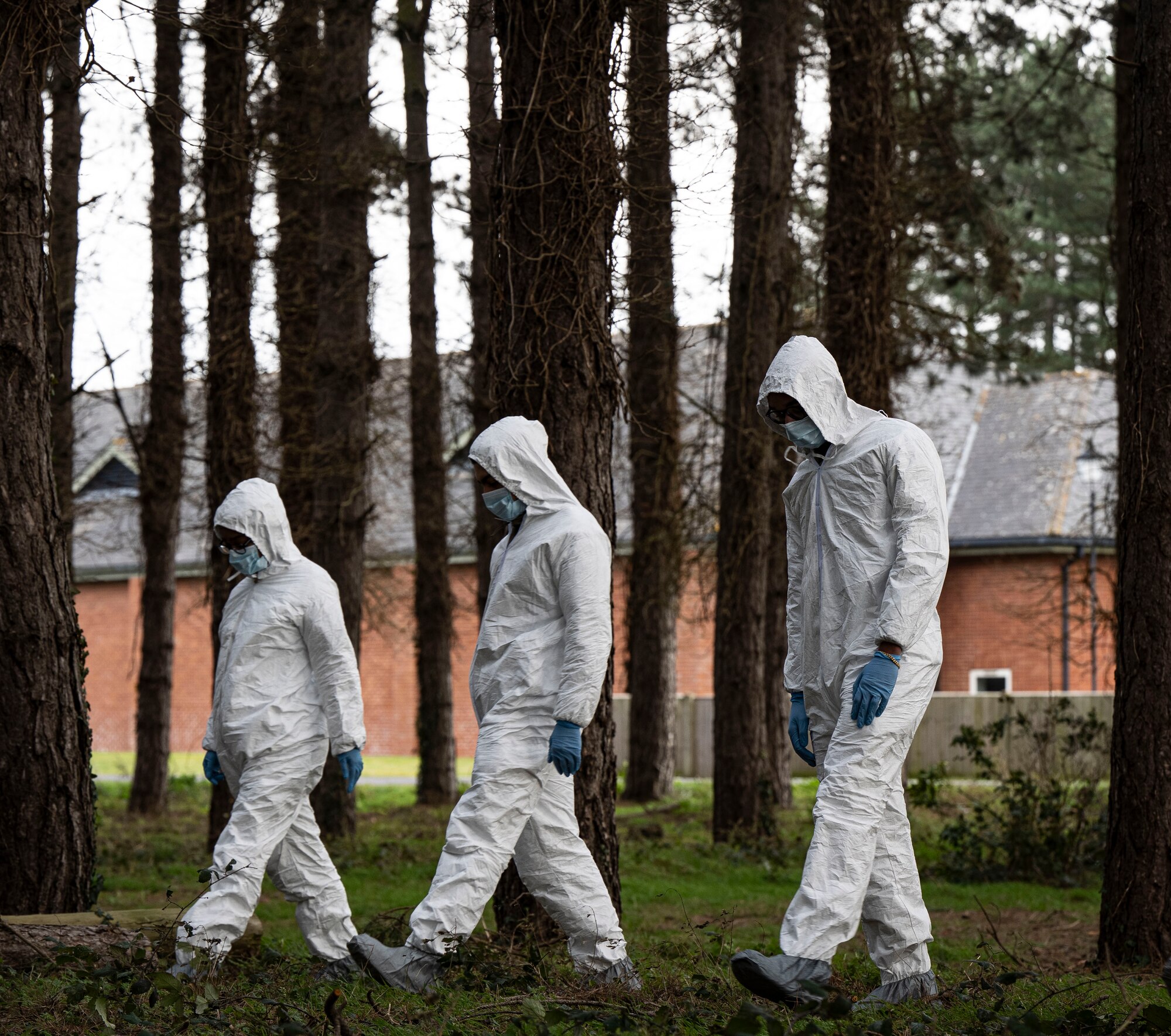 U.S. Airmen assigned to the 100th Force Support Squadron begin a search and recovery line during training at RAF Mildenhall, England, Feb. 21, 2025.