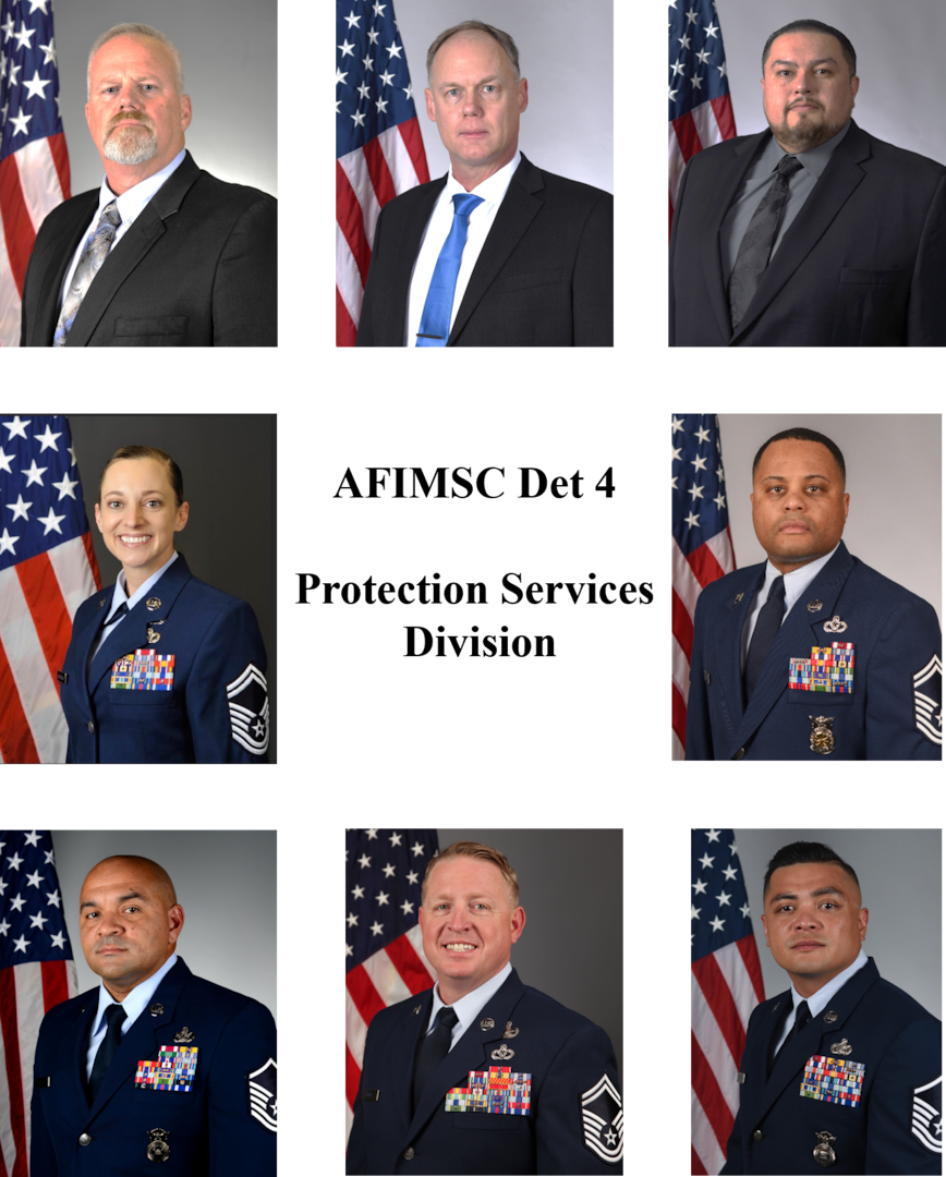 graphic with photos of eight team members surrounding the title AFIMSC Det 4 Protection Services Division