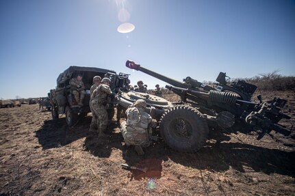 Field artillery Soldiers assigned to Alpha Battery, 1st Battalion, 160th Field Artillery Regiment, 45th Infantry Brigade Combat Team, Oklahoma Army National Guard, emplace an M119 howitzer during training at Fort Sill, Oklahoma, March 7, 2025. (Oklahoma National Guard photo by Anthony Jones)