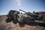 Field artillery Soldiers assigned to Alpha Battery, 1st Battalion, 160th Field Artillery Regiment, 45th Infantry Brigade Combat Team, Oklahoma Army National Guard, emplace an M119 howitzer during training at Fort Sill, Oklahoma, March 7, 2025.
