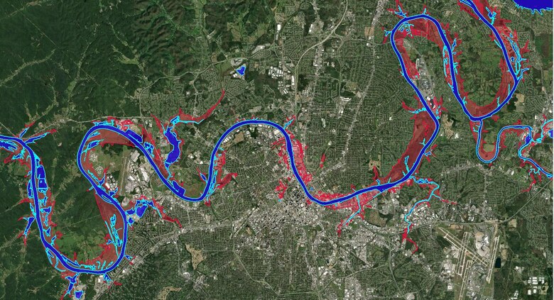 This map shows the Cumberland River in Middle Tennessee during the February 2025 heavy rain event. The blue areas represent actual river levels with Corps of Engineers flood risk management projects in place, while the red areas show the extent of flooding that would have occurred without these critical projects