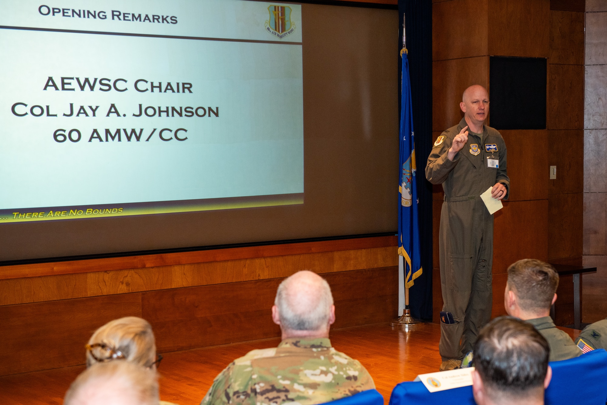 U.S. Air Force Col. Jay Johnson, 60th Air Mobility Wing commander, delivers opening remarks during the 2025 Aeromedical Evacuation Weapons Systems Council