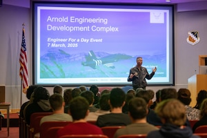 Col. Grant A. Mizell, commander of Arnold Engineering Development Complex, welcomes students for the annual Engineer-For- A- Day Event at Arnold Air Force Base, Tenn., March 7, 2025. The students were then given a brief overview of AEDC from Ed Tucker, Senior Technical Director and heard from a panel of base engineers where they were also able to ask questions about the engineering field. (U.S. Air Force photo by Keith Thornburgh)