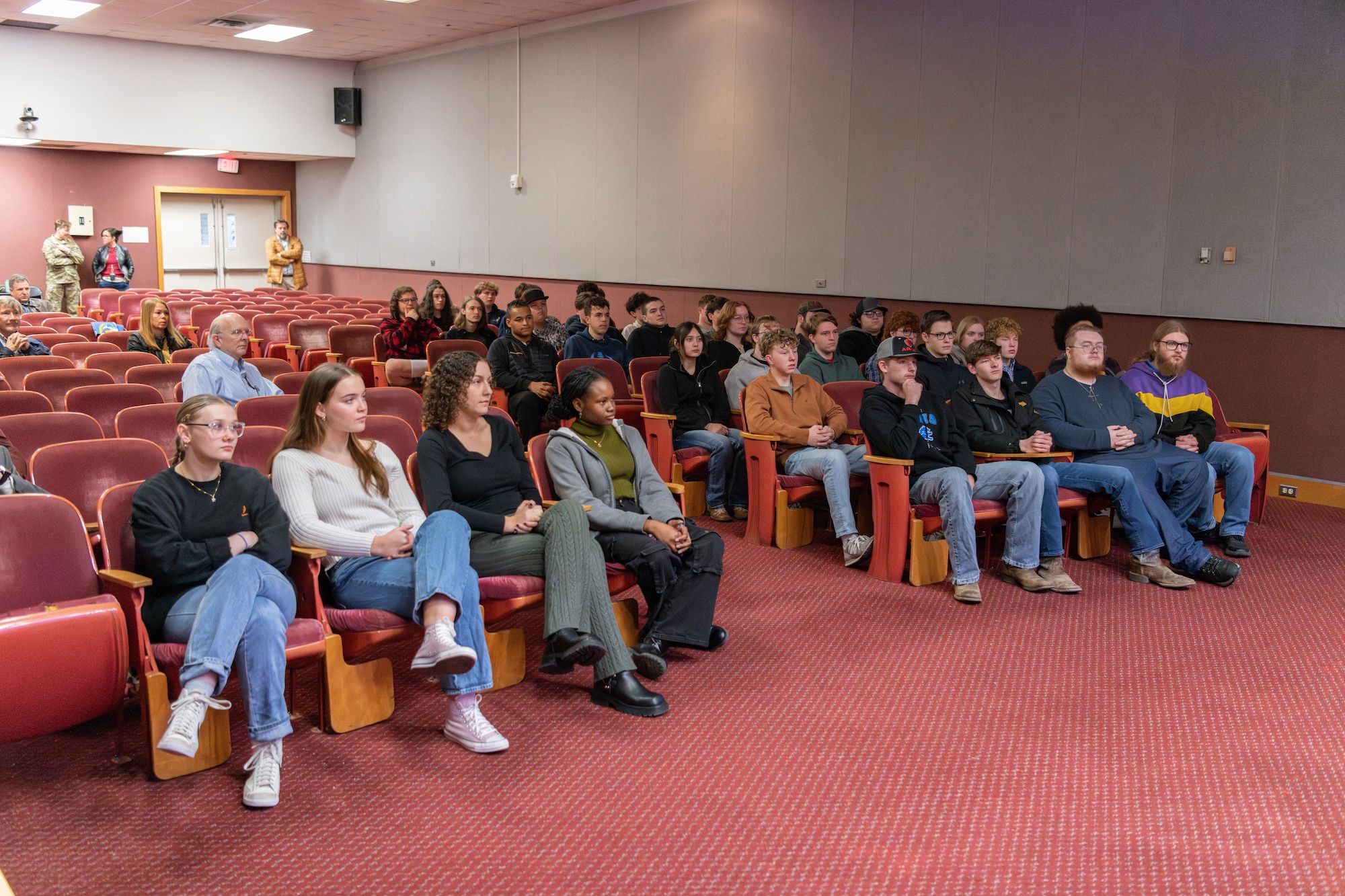 High school students listen to a panel of base engineers at the Arnold Main Auditorium at Arnold Air Force Base, Tenn., March 7, 2025. High students that attended the Engineer- For- A- Day event are interested in careers in engineering that include such disciplines as aerospace, electrical, chemical, and mechanical engineering. (U.S. Air Force photo by Keith Thornburgh)