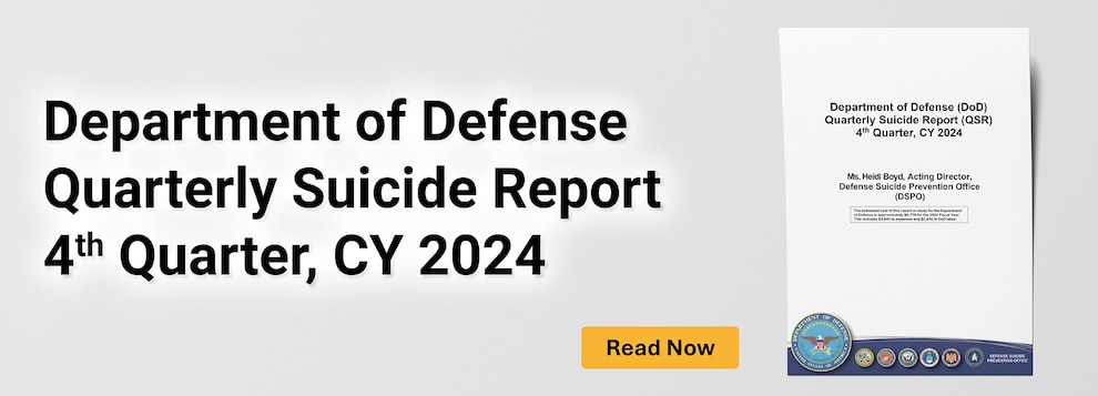 Light grey banner with an image of a report on the right side.  Text says "Department of Defense Quarterly Suicide Report 4th Quarter, CY 2024"