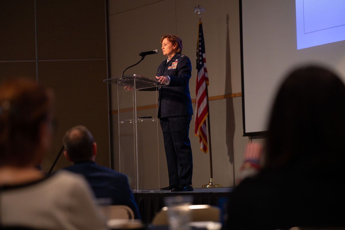 U.S. Air Force Col. Angelina Maguinness, 17th Training Wing commander, speaks at the San Angelo Chamber of Commerce State of Goodfellow Luncheon at the McNease Convention Center, San Angelo, Texas, March 11, 2025. Maguinness informed civic leaders and community members about the state of Goodfellow and the 10-year strategic outlook of the 17th TRW. (U.S. Air Force photo by Airman 1st Class Brian Lummus)