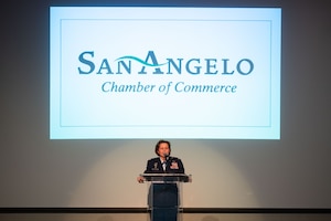 U.S. Air Force Col. Angelina Maguinness, 17th Training Wing commander, speaks at the San Angelo Chamber of Commerce State of Goodfellow Luncheon at the McNease Convention Center, San Angelo, Texas, March 11, 2025. Together, Goodfellow and the city of San Angelo unite service members and civilians through various community partnerships and a cohesive one-community approach. (U.S. Air Force photo by Airman 1st Class Brian Lummus)
