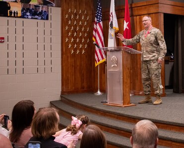 Col. Randy Edwards, former Chief of Staff, Illinois Army National Guard, thanks friends, family, and fellow Illinois National Guard members, for their support, mentorship, and leadership during his 32 years of service during a retirement ceremony March 11 at the Illinois Military Academy, Camp Lincoln, Springfield.