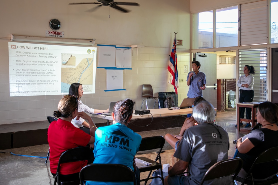 , U.S. Army Corps of Engineers, briefs members of the Waimea and West Kauai communities during a public scoping and informational meeting about the Waimea River Flood Control Project Modification Study March 6, 2025.