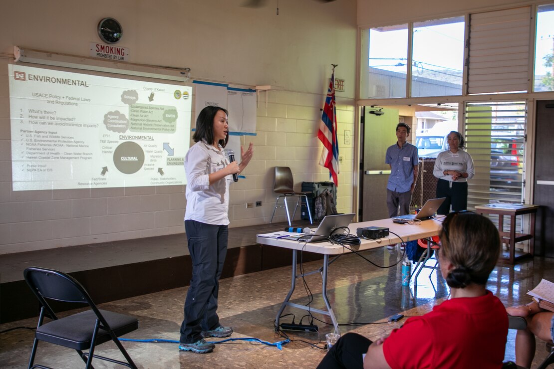 Connie Chan-Le, U.S. Army Corps of Engineers, briefs members of the Waimea and West Kauai communities during a public scoping and informational meeting about the Waimea River Flood Control Project Modification Study March 6, 2025.
