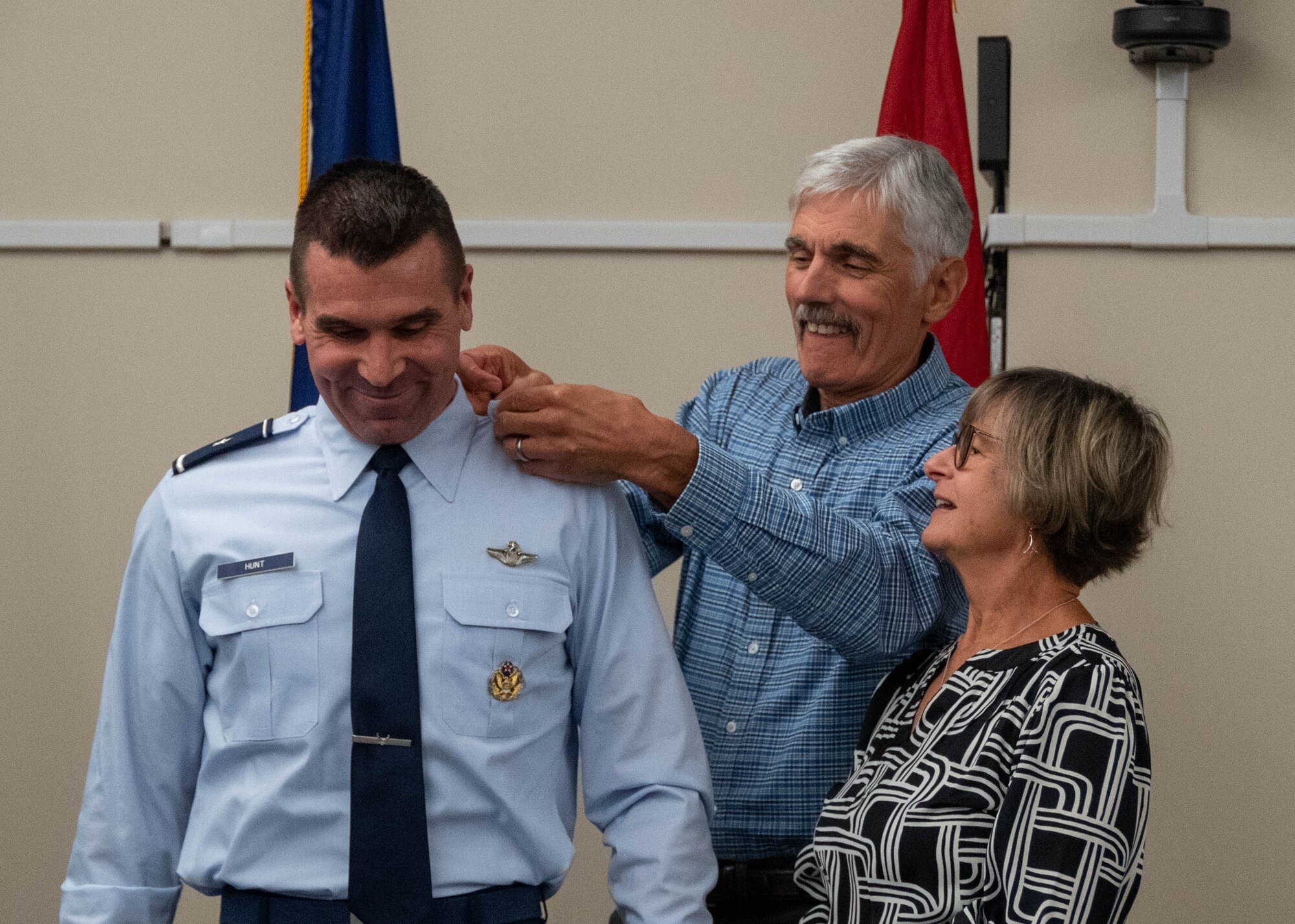 Maryland Air National Guard Col. Richard D. Hunt, commander of the 175th Wing, is pinned by his family and promoted to brigadier general during a ceremony at Warfield Air National Guard Base at Martin State Airport, February 28, 2025.