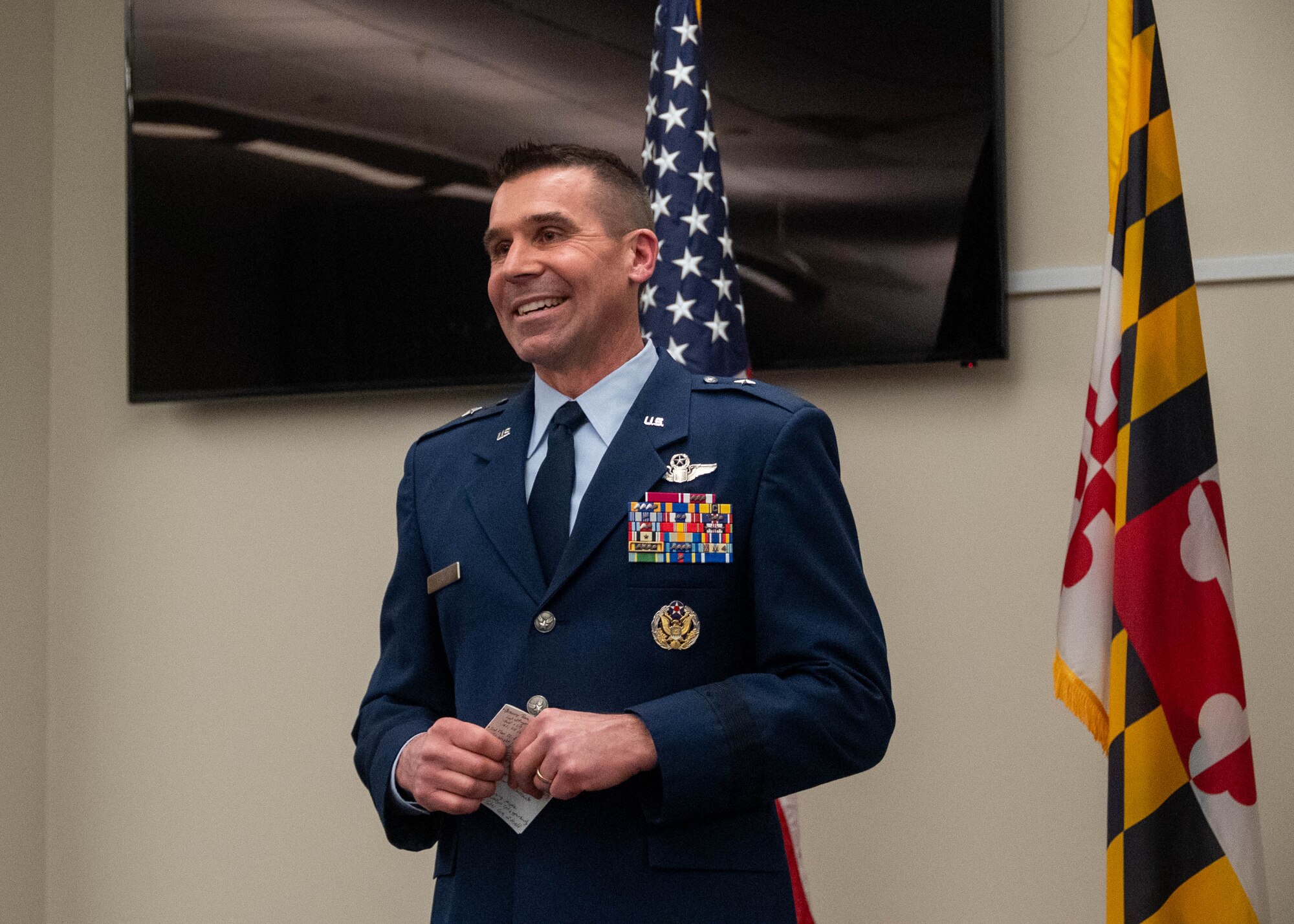 Maryland Air National Guard Brig. Gen. Richard D. Hunt, commander of the 175th Wing, speaks to the many attendees during his promotion ceremony at Warfield Air National Guard Base at Martin State Airport, February 28, 2025.