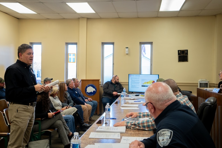 Brandon Brummett, Louisville District outreach coordinator, meets with the Breathitt County Fiscal Court and local officials in Eastern Kentucky to provide an overview of the Eastern Kentucky, Upper Kentucky River Basin Feasibility Study, Jan. 28, 2025.