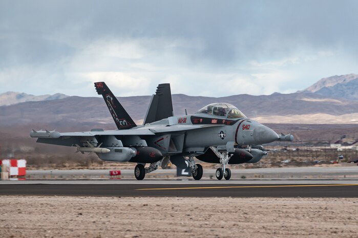 A U.S. EA-18G Growler assigned to Electronic Attack Squadron 132, Naval Air Station Whidbey Island, Washington, lands prior to the start of Red Flag-Nellis 25-2 at Nellis Air Force Base, Nevada, March 6, 2025.