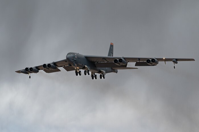 A U.S. Air Force B-52 Stratofortress assigned to the 5th Bomb Wing, Minot Air Force Base (AFB), North Dakota, arrives to Nellis AFB for Red Flag-Nellis 25-2, March 6, 2025.
