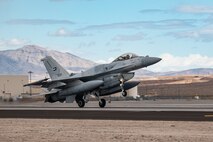 A United Arab Emirates Air Force F-16E Desert Falcon lands prior to the start of Red Flag-Nellis 25-2 at Nellis Air Force Base, Nevada, March 6, 2025.