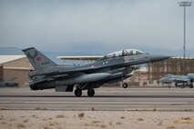 A Turkish F-16 assigned to the 132nd Squadron lands before the start of Red Flag-Nellis 25-2 at Nellis Air Force Base, Nevada, March 5, 2025.