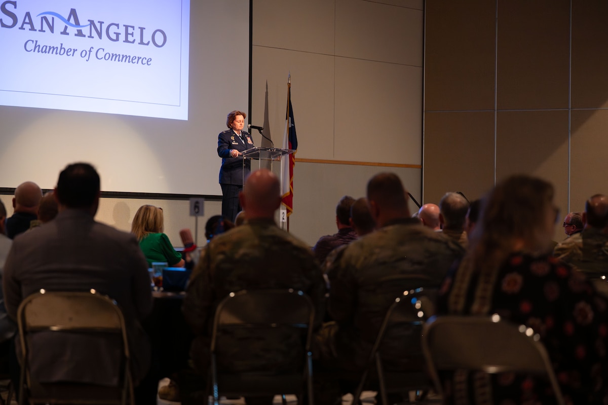 U.S. Air Force Col. Angelina Maguinness, 17th Training Wing commander, speaks at the San Angelo Chamber of Commerce State of Goodfellow Luncheon at the McNease Convention Center, San Angelo, Texas, March 11, 2025. Maguinness’ visit presented an opportunity to inform civic leaders about the state of Goodfellow and highlight the outstanding relationship with the San Angelo community. (U.S. Air Force photo by Airman 1st Class Brian Lummus)