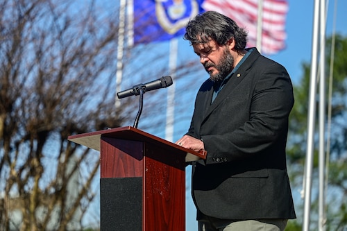 Rob Couture, retired Army Master Sgt. and son of Capt. Richard Couture, spoke at the High Flight Memorial during a remembrance ceremony at Little Rock Air Force Base, Arkansas, March 12, 2025. During the ceremony, Couture spoke on his father’s service and the meaning of his sacrifice, as well as expressing his gratitude to Team Little Rock and to those in attendance.