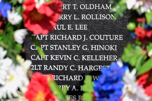 The High Flight Memorial is displayed during a remembrance ceremony at Little Rock Air Force Base, Arkansas, March 12, 2025. Capt. Richard Couture and Capt. Kevin Kelleher were two of six fallen Airmen from a flight with the call sign Ivory 77, a 62nd Tactical Airlift Squadron training sortie that crashed on March 12, 1985.