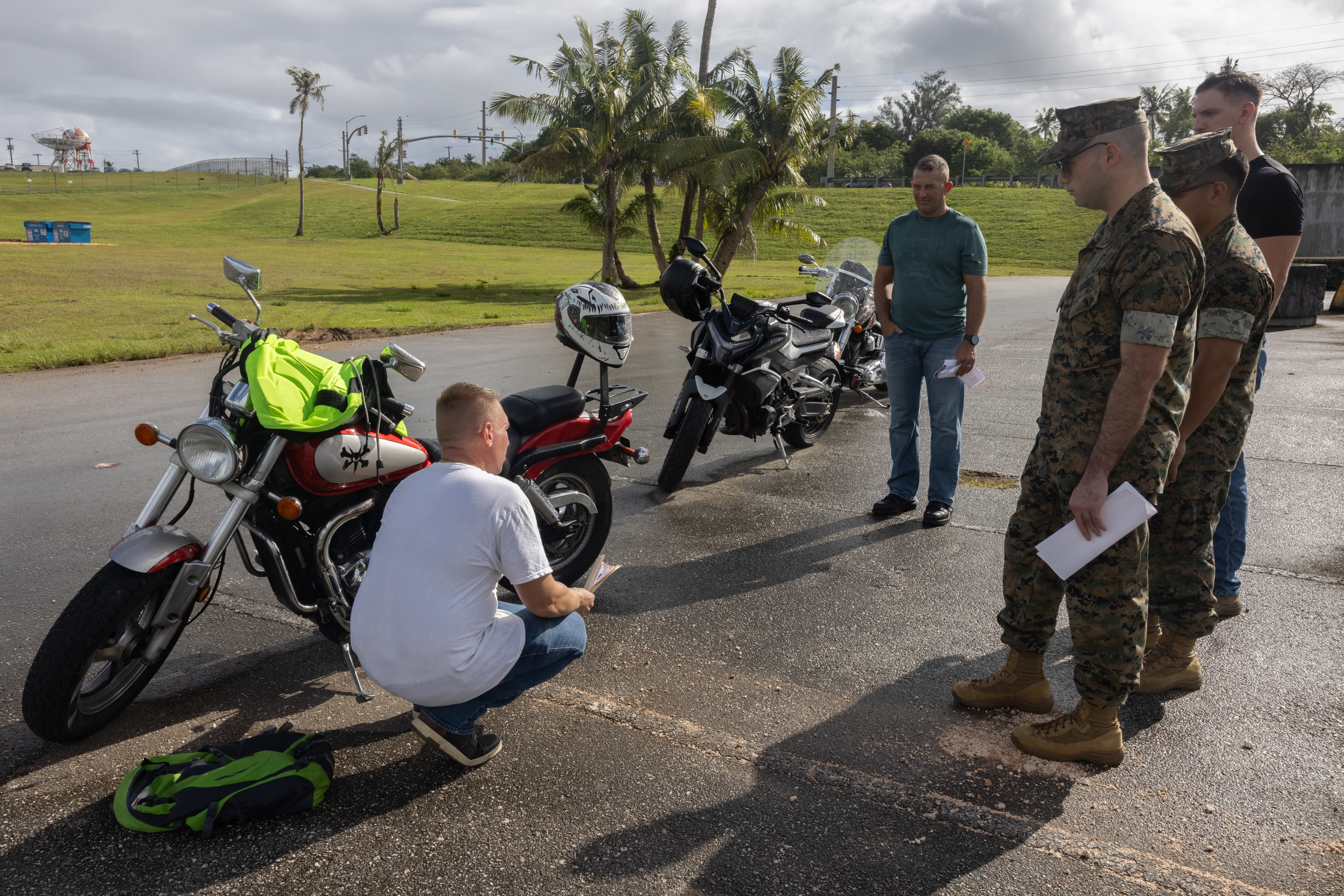 U.S. Marines with Marine Corps Base Camp Blaz conduct motorcycle inspections at MCB Camp Blaz, Guam, March 6, 2025. The motorcycle training went over conducting motorcycle inspections, addressing safety concerns, and building confidence. (U.S. Marine Corps photo by Lance Cpl. Rey Moreno Marilao)
