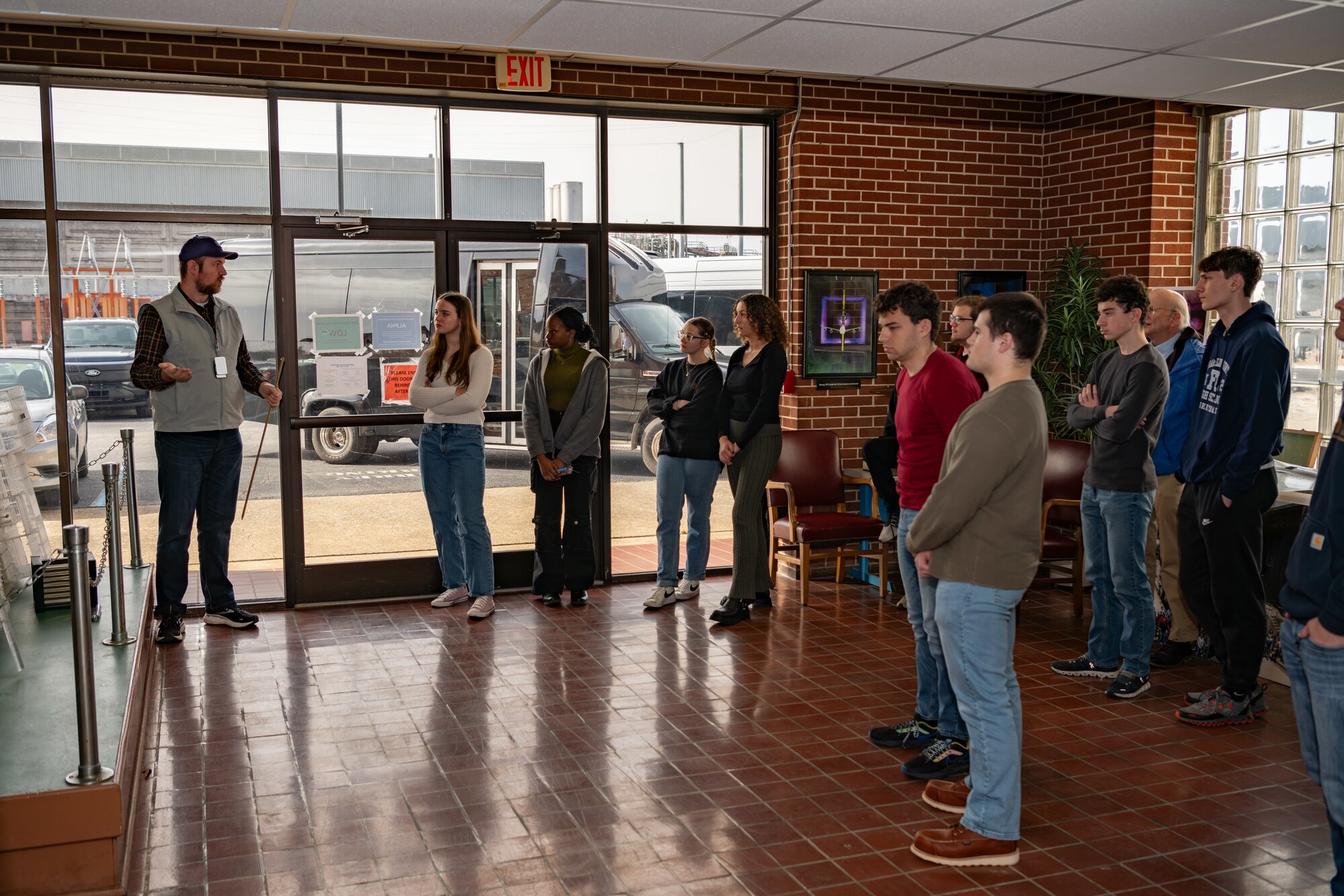 High school juniors and seniors tour facilities such as Propulsion Wind Tunnel Facility (PWT) at the Engineer-For-A-Day program, at Arnold Air Force Base, Tenn., March 7, 2025. Base engineer Nathaniel Franklin gives an overview of the PWT facility. (U.S. Air Force photo by Keith Thornburgh)