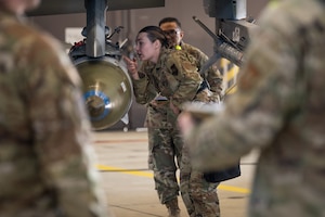 A U.S. Air Force Airman inspects a munition loaded onto an aircraft.