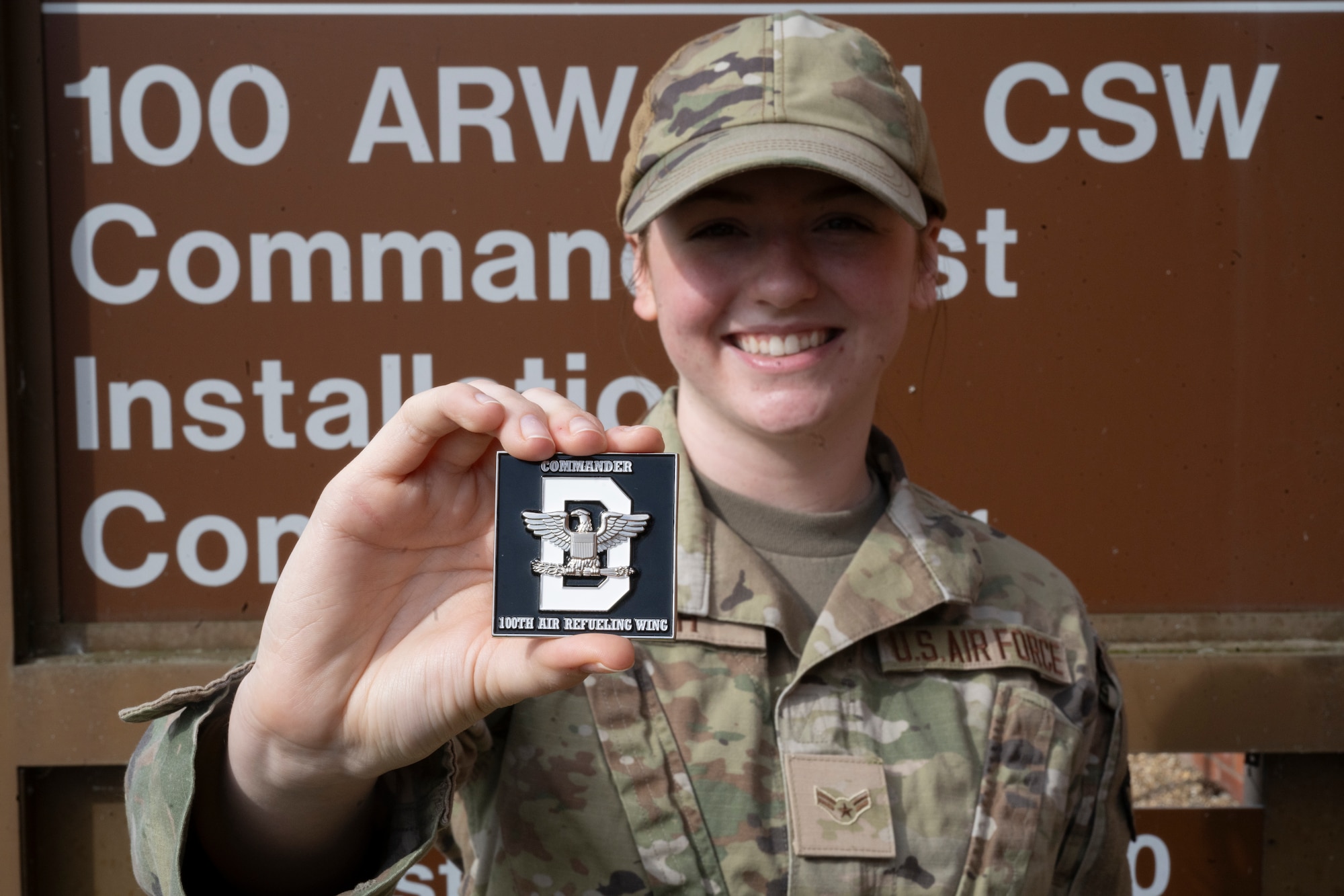 U.S. Air Force Airman 1st Class Anna Smith, 100th Air Refueling Wing Command Post emergency actions controller, poses for a photo at RAF Mildenhall, England, Mar. 11, 2025. Smith showcased daily command post operations during a Day in the Life immersion with the ARW command team. (U.S. Air Force photo by Senior Airman Nash Truitt)
