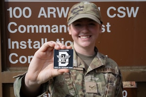 U.S. Air Force Airman 1st Class Anna Smith, 100th Air Refueling Wing Command Post emergency actions controller, poses for a photo at RAF Mildenhall, England, Mar. 11, 2025. Smith showcased daily command post operations during a Day in the Life immersion with the ARW command team. (U.S. Air Force photo by Senior Airman Nash Truitt)