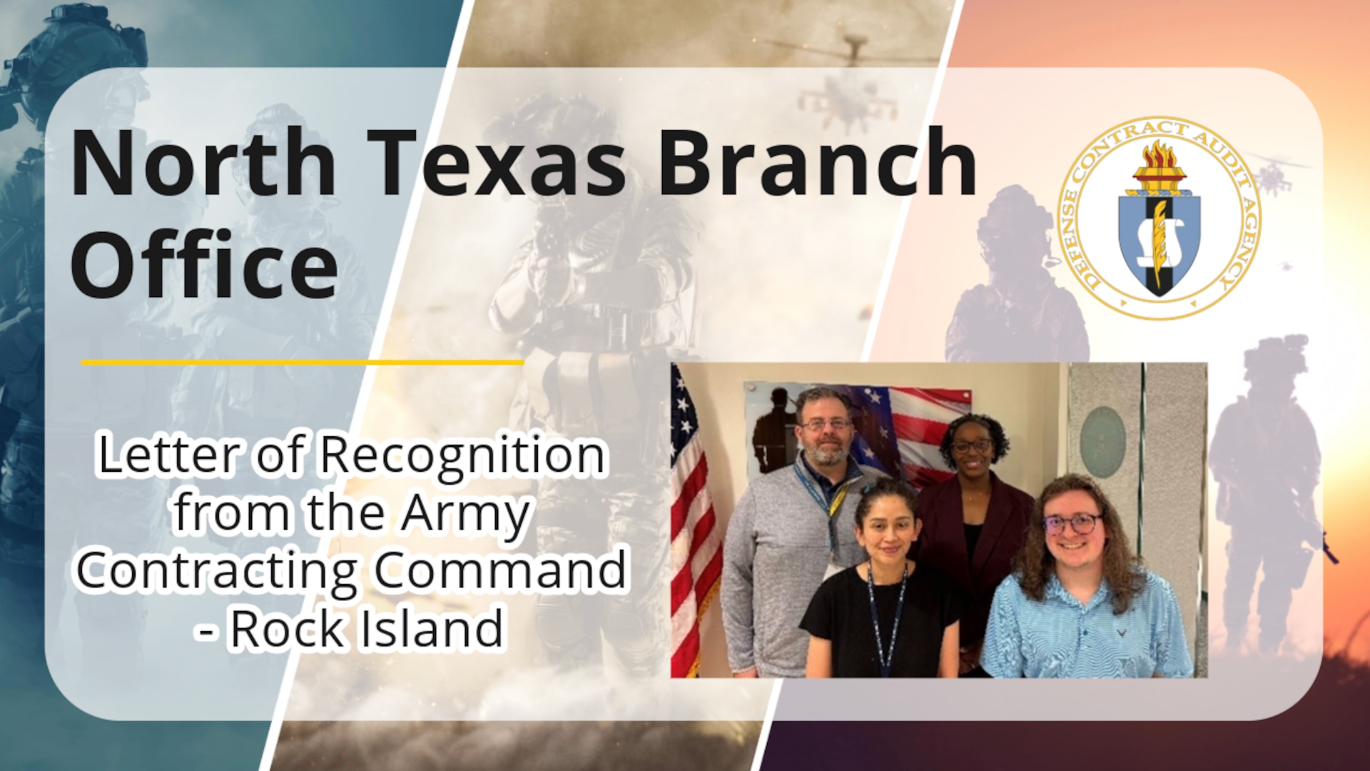 Text banner with a picture of four people. Back Row: Supervisory Auditor Mark Ragsdale, Senior Auditor Jamie Hudson; Front Row: Senior Auditor Thea Khlot, Auditor Richard Casey; not pictured Senior Auditor Neill Ramos, Auditor William Spurlock.