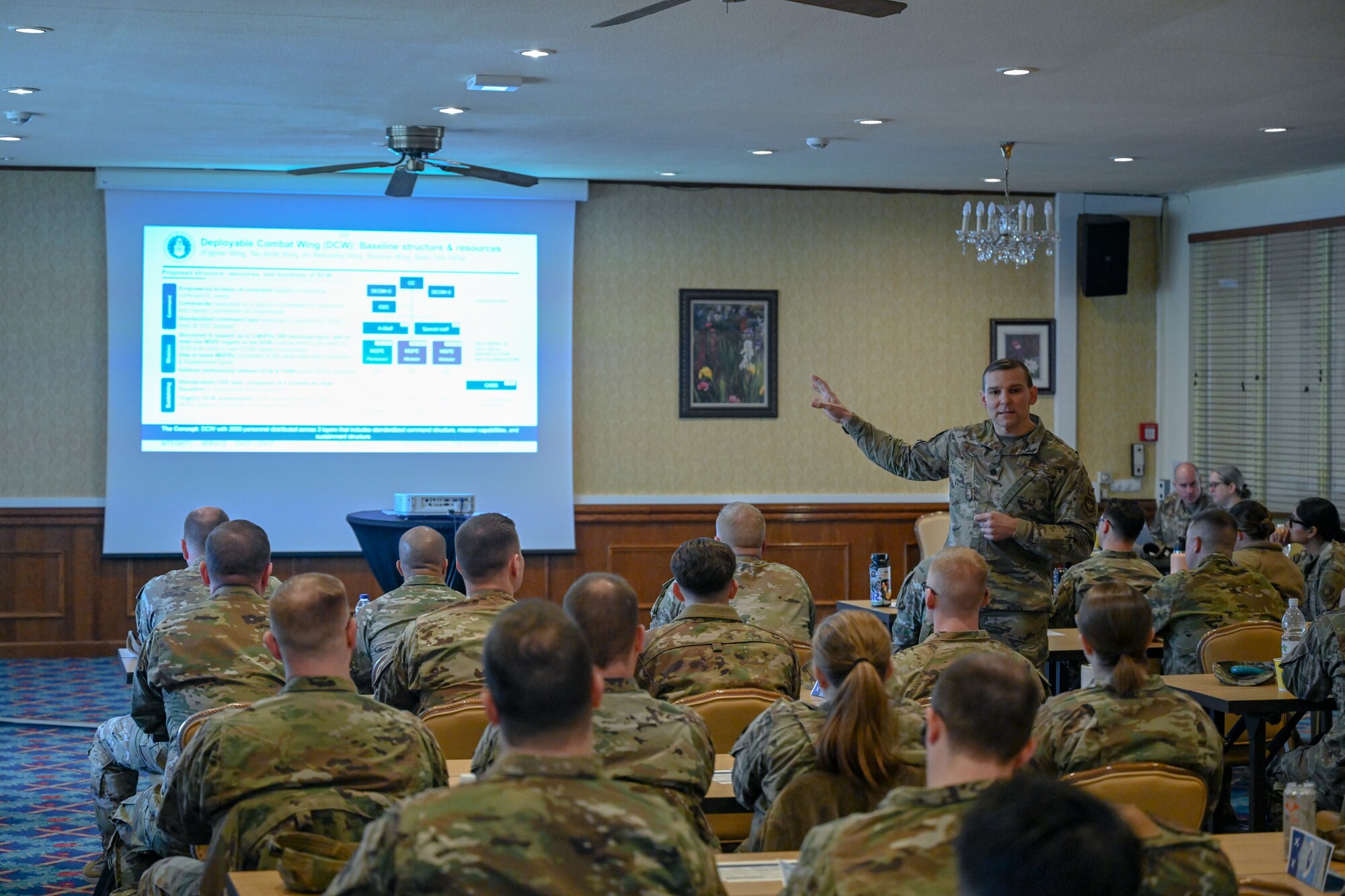 Lt. Col. David Thompson, 521st Air Mobility Operations Wing director of operations, briefs Airmen assigned to the 521 AMOW on what Great Power Competition is at the Armstrong Club on Vogelweh Military Complex, Germany, Feb. 19, 2025.
