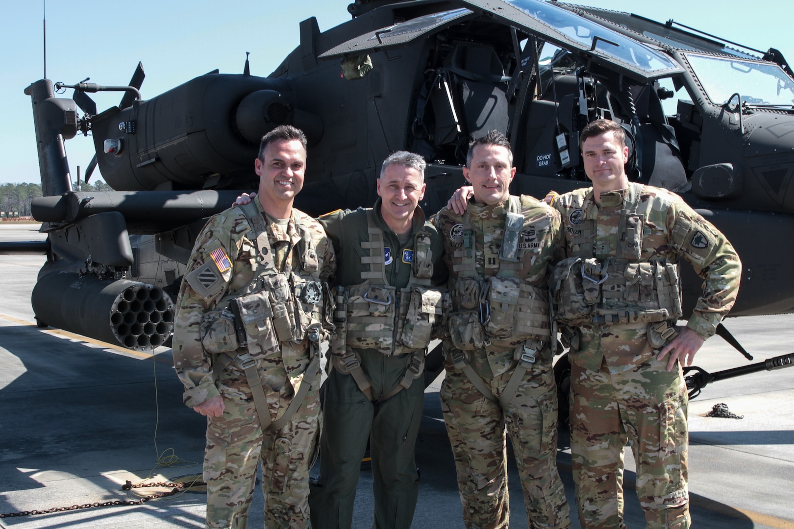 Army Gen. Steven S. Nordhaus, 2nd from left, chief of the National Guard Bureau and a member of the Joint Chiefs of Staff, visits the South Carolina National Guard Army Aviation Support Facility at McEntire Joint National Guard Base, South Carolina, March 12, 2025. Nordhaus met with senior South Carolina Army and Air National Guard leaders and was briefed on the capabilities of the 1st Battalion, 151st Attack Reconnaissance Regiment, a premier Apache helicopter attack battalion.
