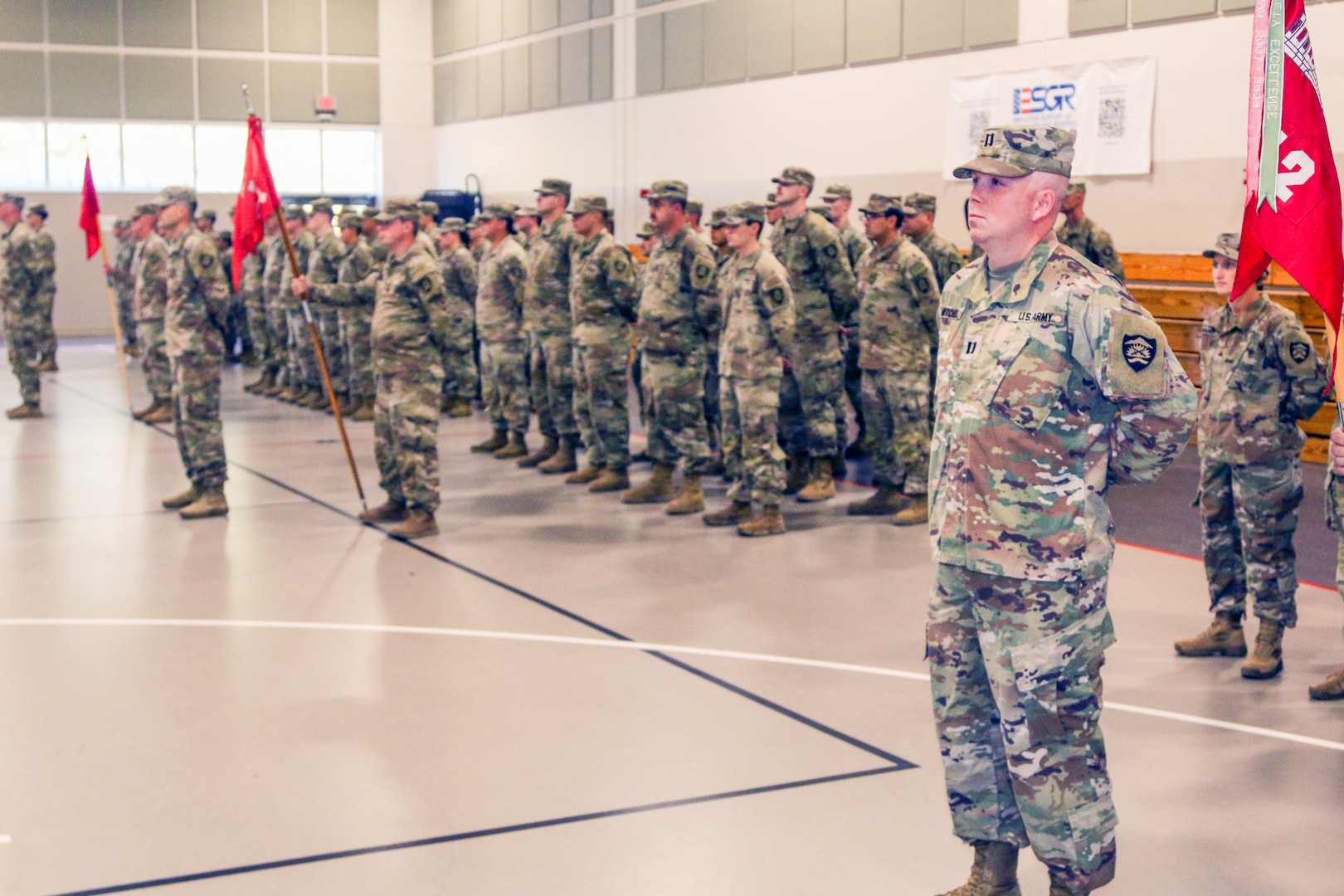 Soldiers from the Oregon National Guard's 1249th Engineer Battalion stand in formation during a change of command ceremony at the Anderson Readiness Center in Salem, Oregon, Sept. 8, 2024. The battalion is preparing for a year-long mobilization to support security operations along the southern border beginning October 2025.