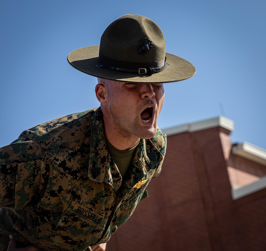 Sgt. Luke Boisselle, a drill instructor with Hotel Company, 2nd Recruit Training Battalion, conducts incentive training on Marine Corps Recruit Depot Parris Island, S.C., March 5, 2025. Drill instructors administer incentive training to recruits in order to correct deficiencies and increase discipline. (U.S. Marine Corps photo by Lance Cpl. Donovan E. Melendez)