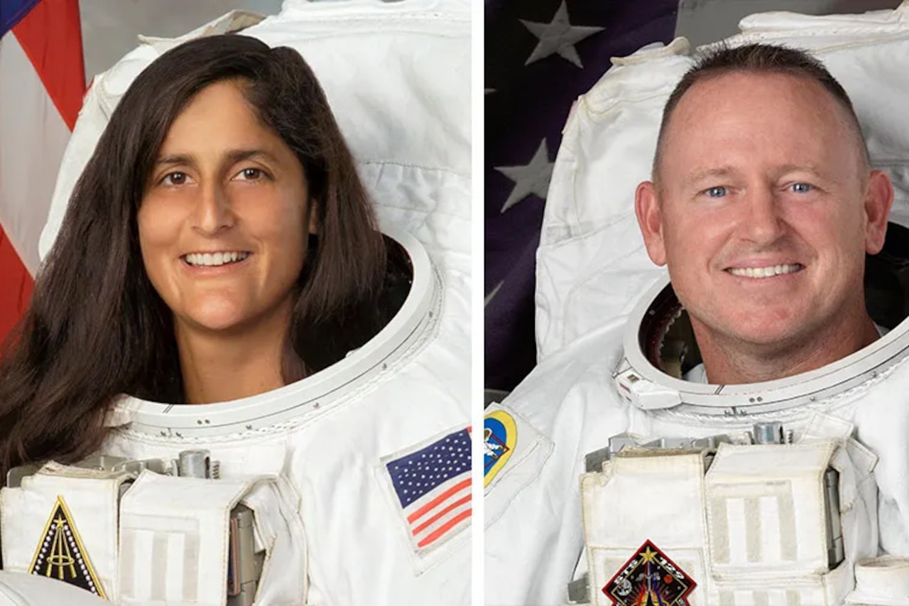 Photo illustration with portrait photos of two astronauts in spacesuits.