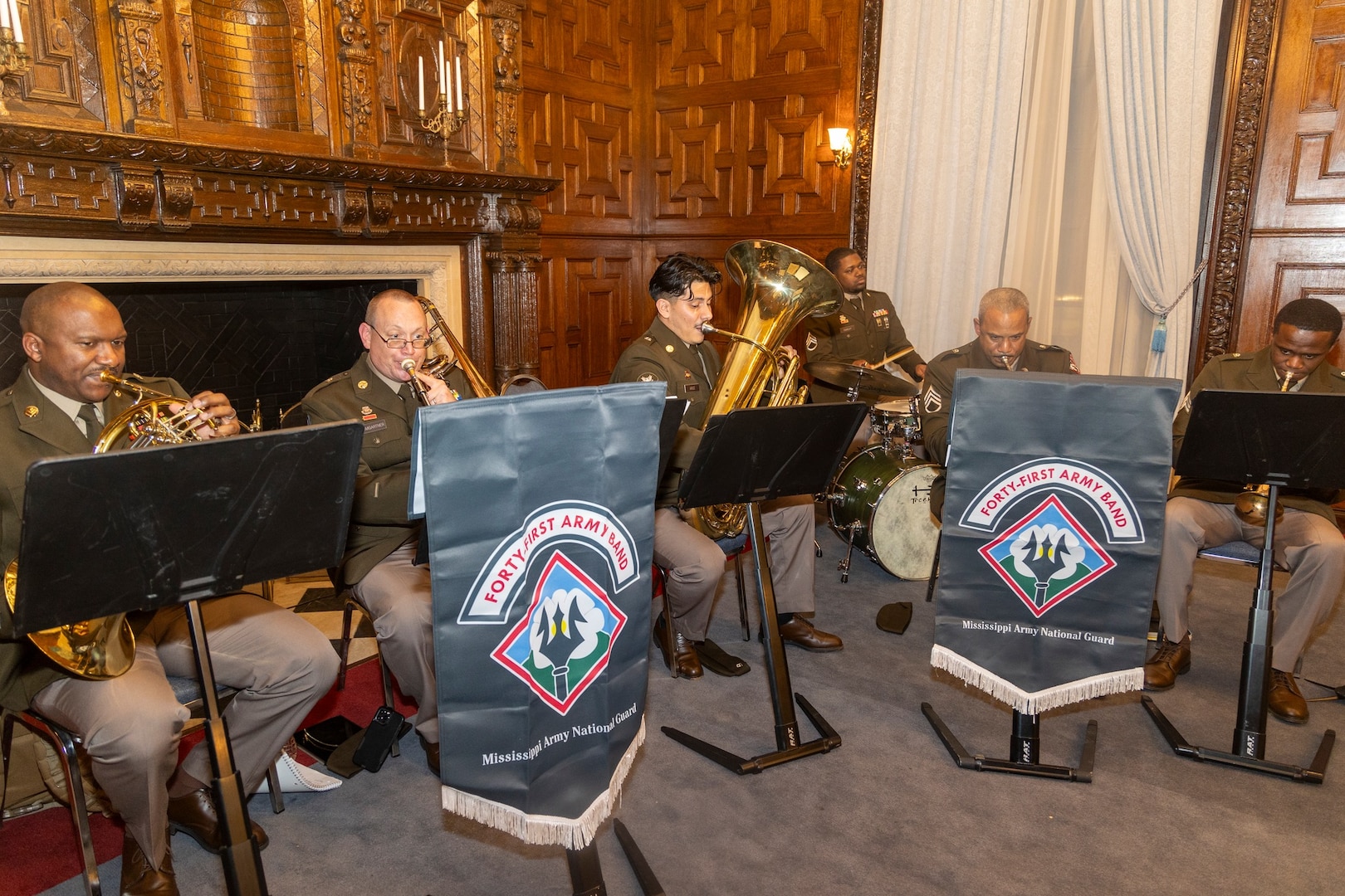Musicians of the 41st Army Band, Mississippi Army National Guard, perform during the 33rd anniversary of Uzbekistan’s Armed Forces Day Celebration at the Embassy of Uzbekistan in Washington Jan. 31, 2025. U.S. and Uzbekistan officials recognized their state partnership and cooperation in defense and security.