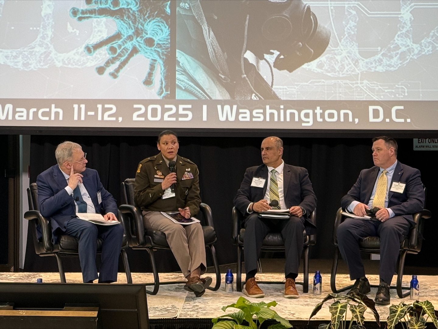 Joint Task Force Civil Support Commander, Brig. Gen. Tanya S. McGonegal,
serves as a featured panel member for the discussion, "Defending the
Homeland: Coordinating, Responding, & Defending Against CBRN Threats," at
the 13th Annual Joint Civil & DoD CBRN Symposium in Washington, D.C., March
11-12. The symposium brought together experts, innovators, and leaders from
government, military, academia, and industry to share insights, strategies,
and best practices in CBRN defense, preparedness, and response. (U.S.
Department of Defense photo by Lt. Cmdr. William R. Gureck)